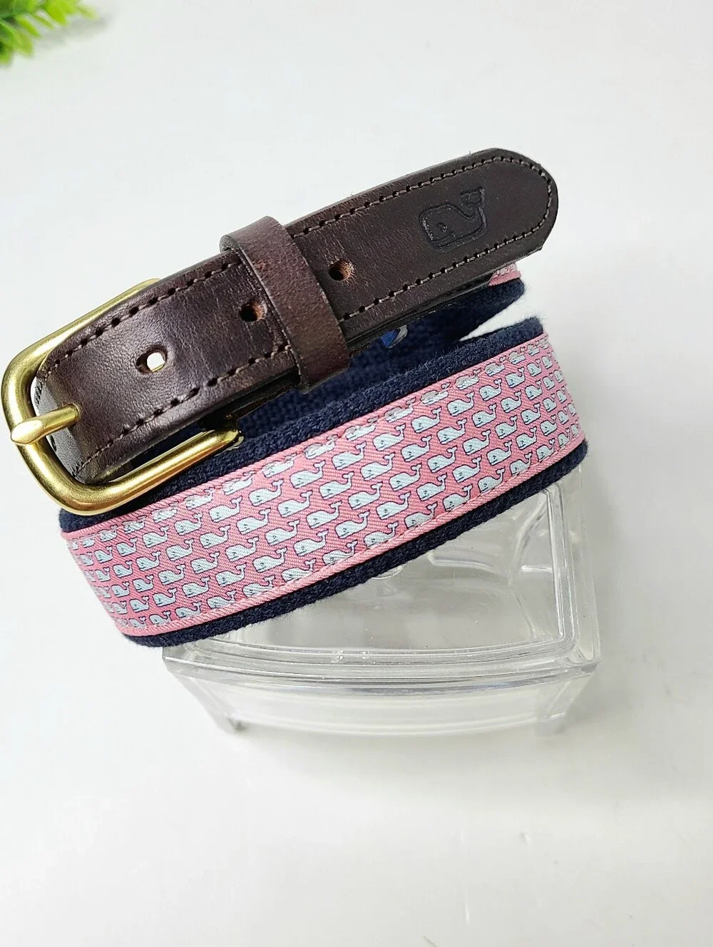 Vineyard Vines By Shepard & Ian Pink Whale Print Leather Trim Belt
